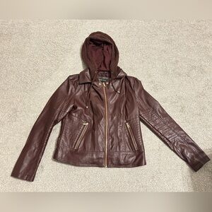 Women’s Black Rivet Burgundy  Leather Jacket with Knit Sweater Liner/Hoodie, L